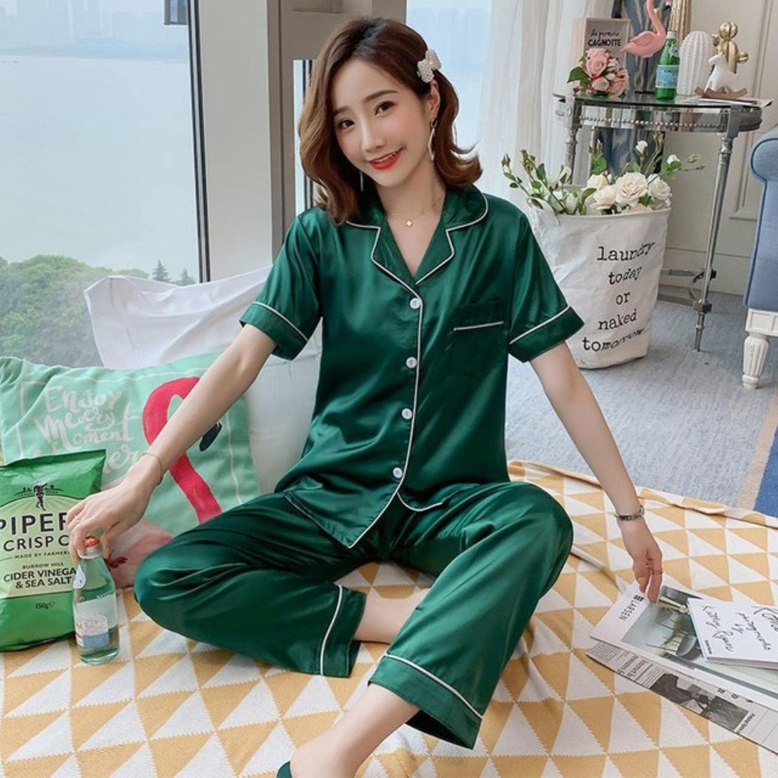 Luxury Satin 2-Piece Pajama Set  with Contrast Piping