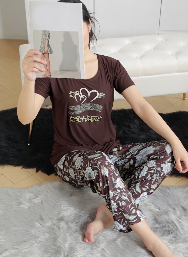 Women’s Floral Print Casual brown Loungewear Set