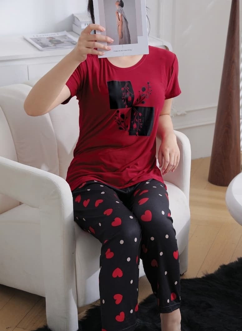 Women’s Floral Print Casual Loungewear Set red /black