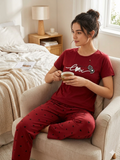Women's Red "Love" Printed 2-Piece Cotton Jersey Night Suit – Comfortable Summer Sleepwear