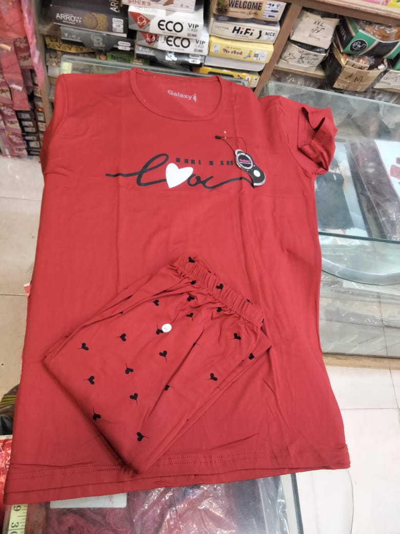 Women's Red "Love" Printed 2-Piece Cotton Jersey Night Suit – Comfortable Summer Sleepwear