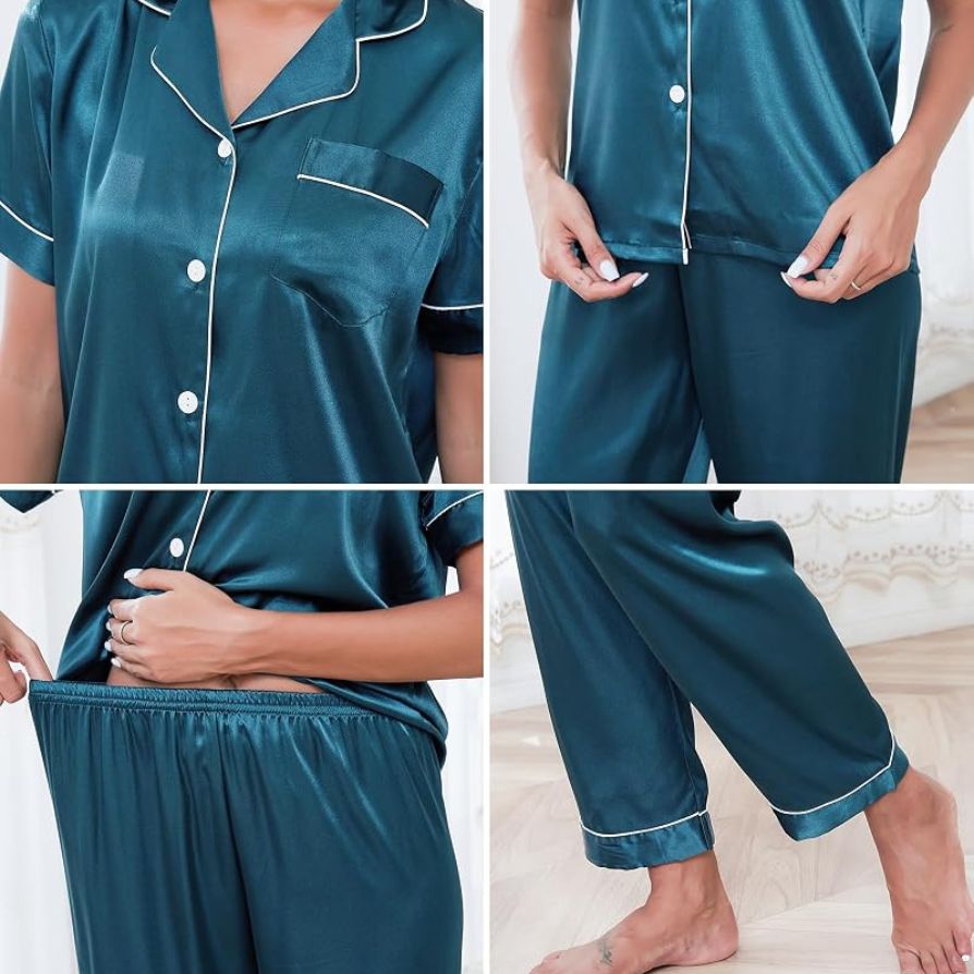 Luxury Satin 2-Piece Pajama Set  with Contrast Piping
